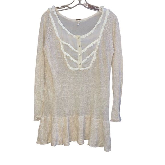 Free People S Lace Trimmed 100% Linen Oatmeal Sweater - Picture 3 of 7